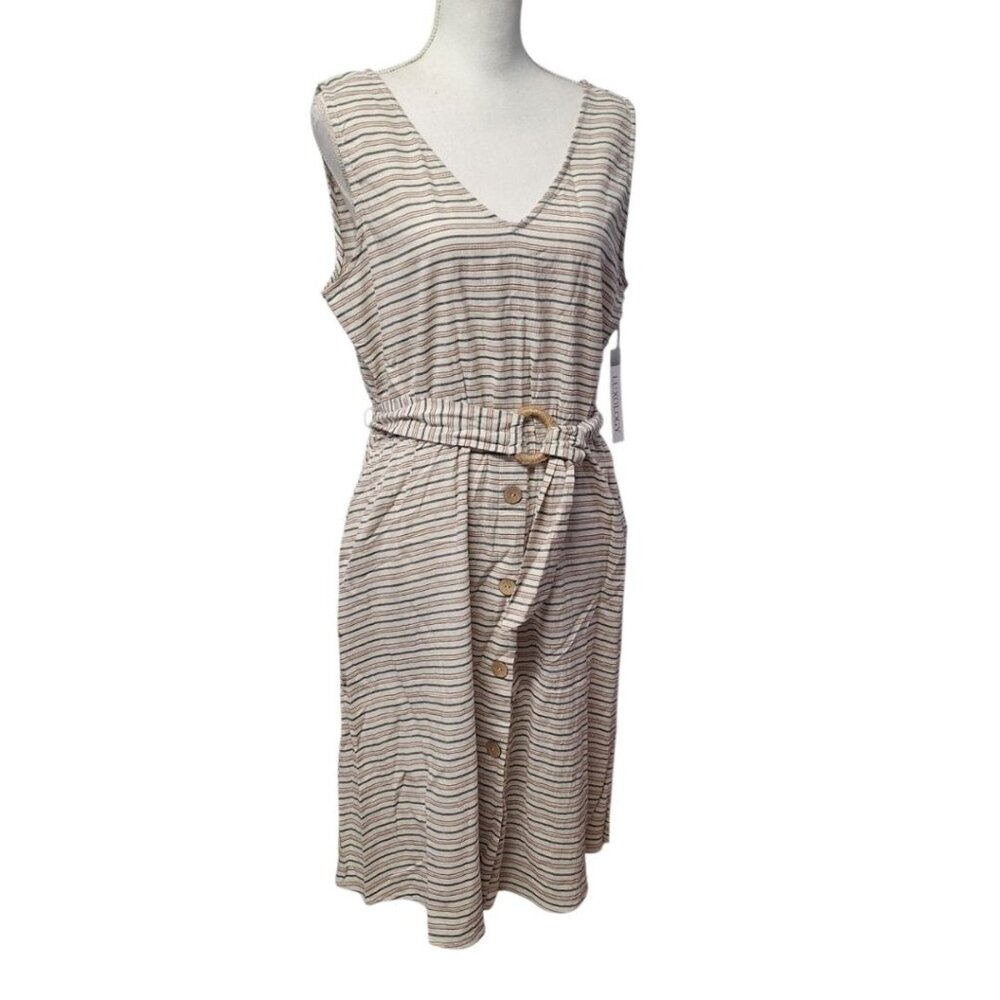 Luxology Dress Cotton Pockets Sleeveless‎ Faux Button Summer Belted Womens Large